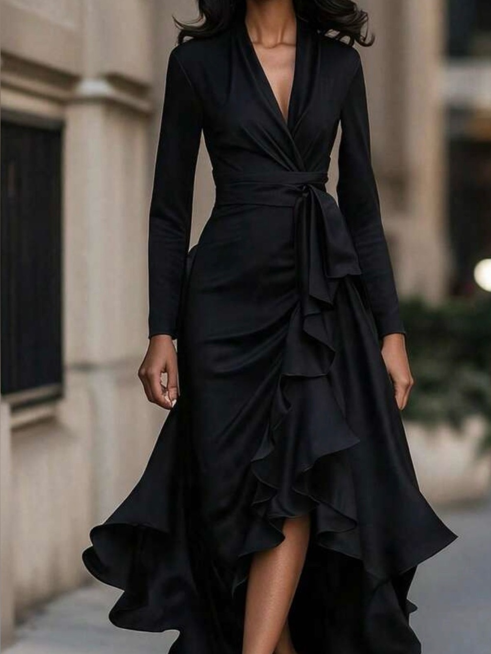 Elegant Black Wrap Ruffle Dress for Women